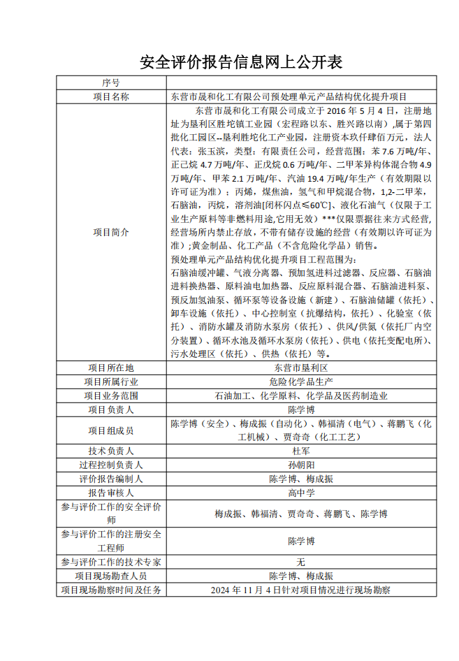 东营市晟和化工有限公司预处理单元产品结构优化提升项目安全条件评价报告